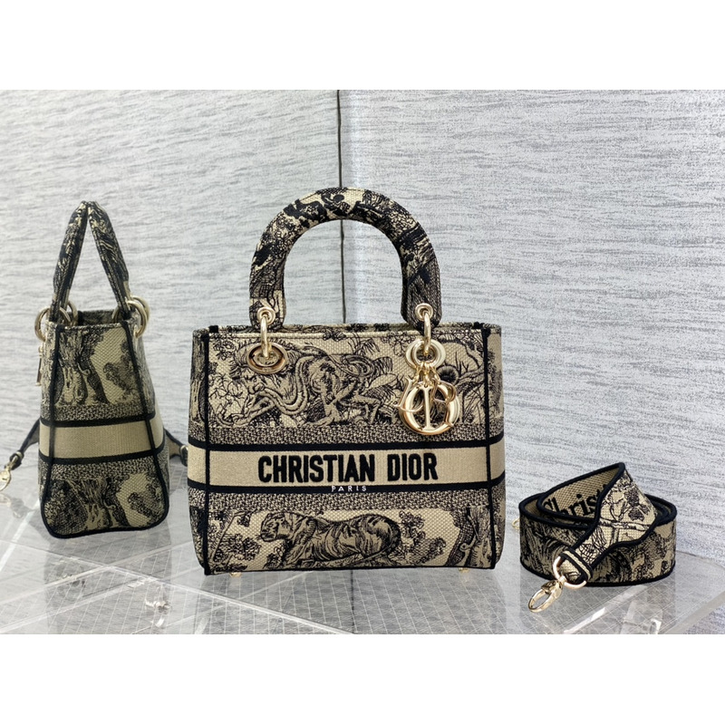 D*or  medium lady d-lite bag embroidery beige and black