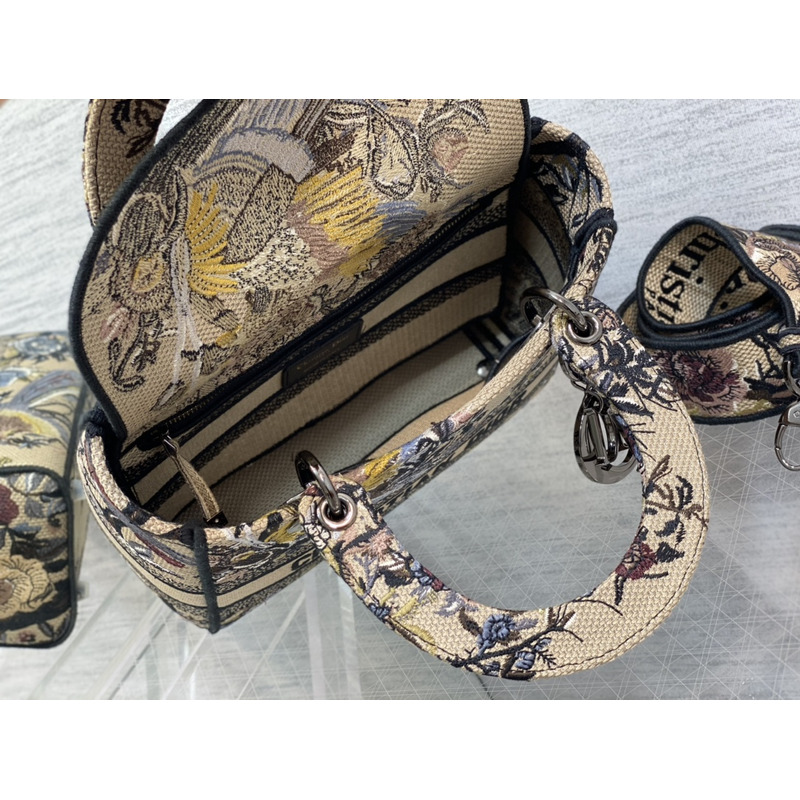 D*or  medium lady d-lite bag embroidery beige multicolor