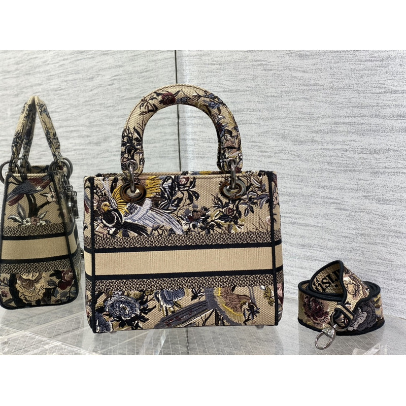 D*or  medium lady d-lite bag embroidery beige multicolor