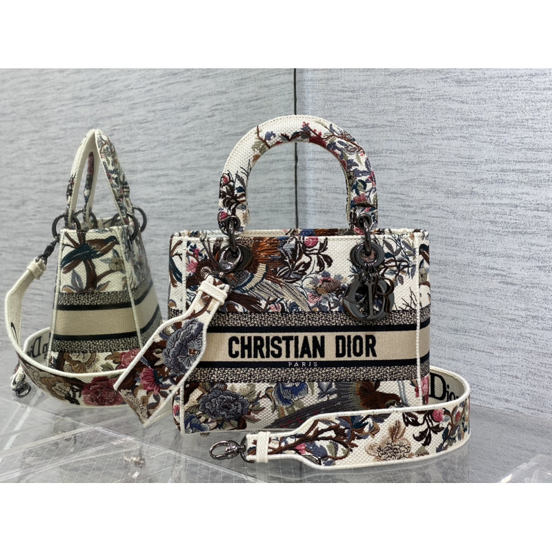 D*or  medium lady d-lite bag embroidery white multicolor