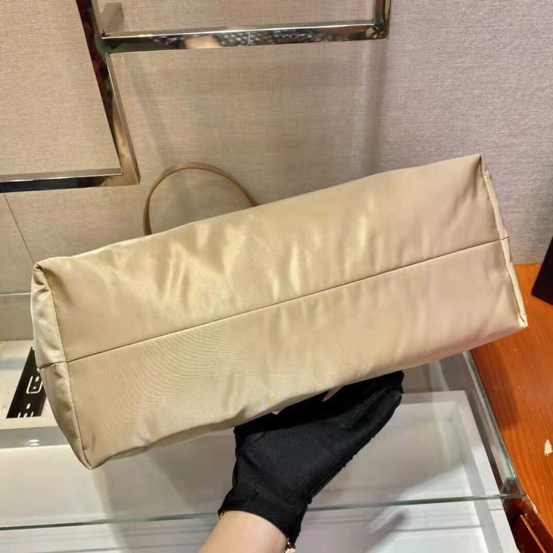 Pra*a re-nylon and saffiano leather tote bag desert beige