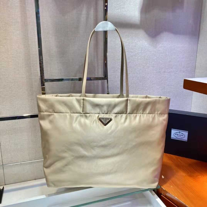 Pra*a re-nylon and saffiano leather tote bag desert beige
