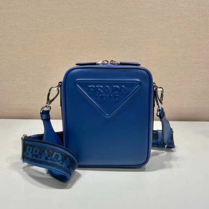 Pra*a saffiano embossed leather shoulder bag blue