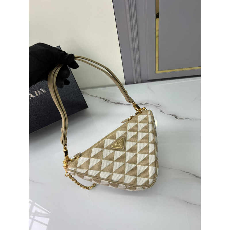 Pra*a symbole leather and fabric mini bag beige&white