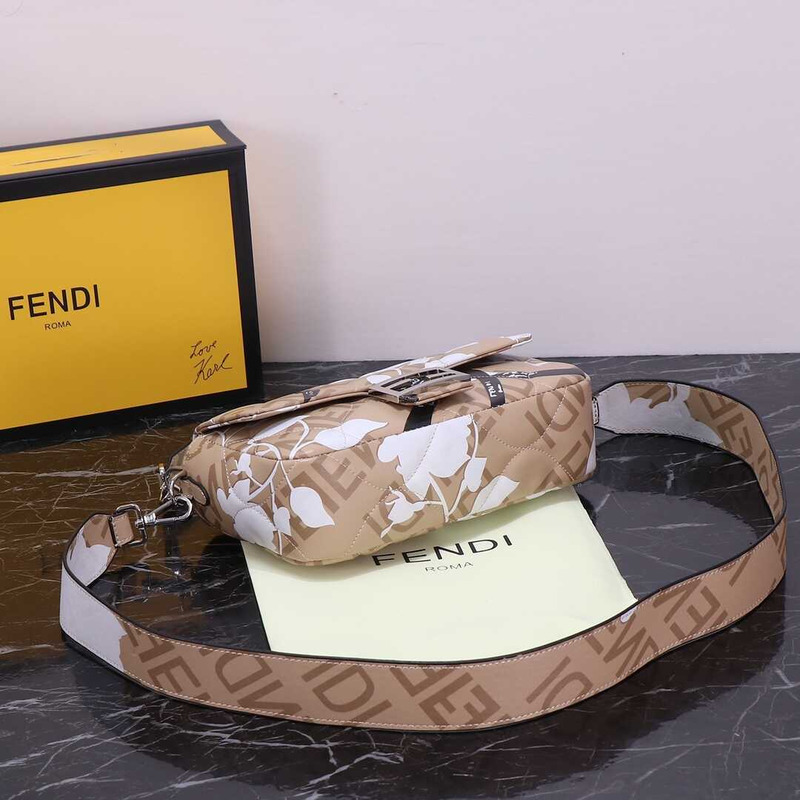 F**di baguette mini bag denim with ff embroidery beige&white