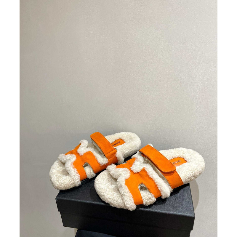 H**mes sandals with fur orange and white