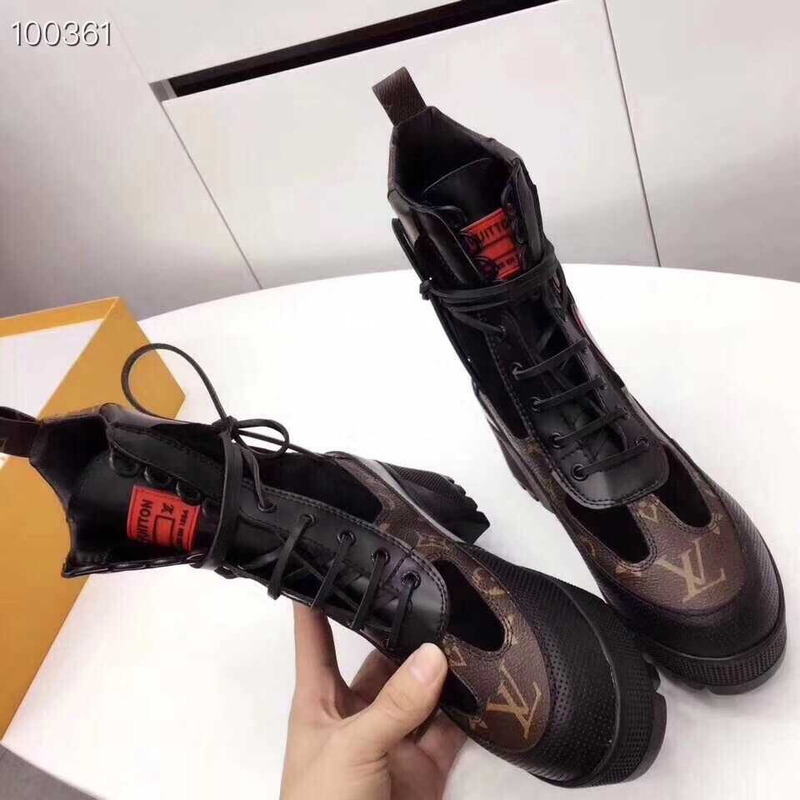 l**is V*t*n monogram canvas & suede patch work mid-calf combat boots