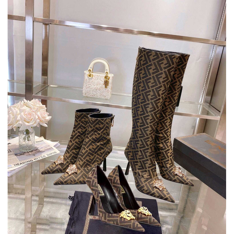 F**di fendace ff jacquard long boots brown