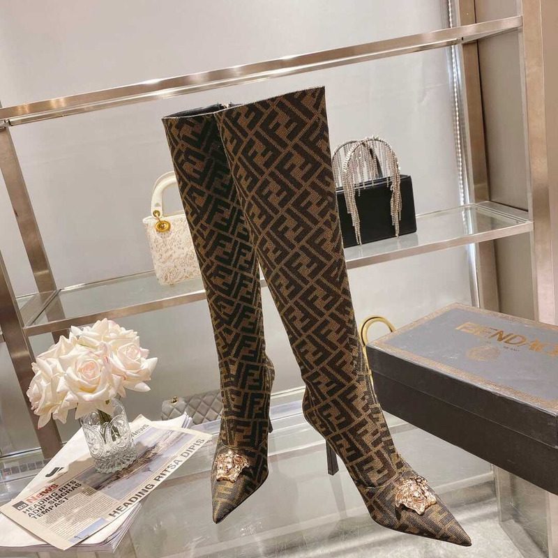 F**di fendace ff jacquard long boots brown