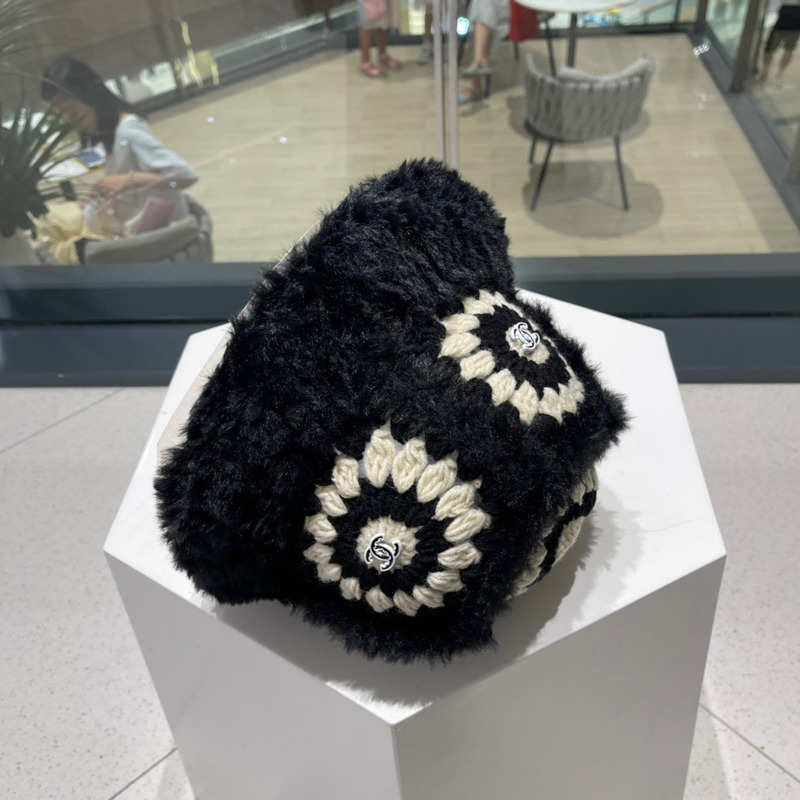 Ch*el knitted fur bucket cap black