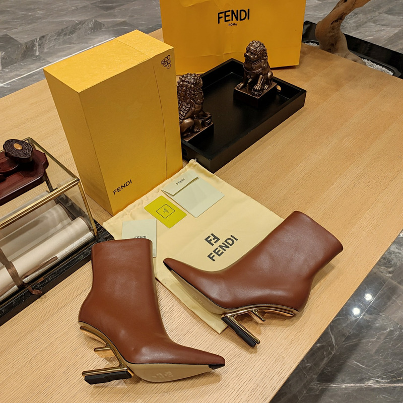 F**di lambskin metallic f-heel ankle booties brown