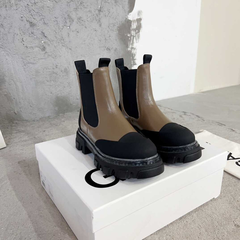 Ganni Patchwork Pullover Leather Ankle Boots Brown And Black