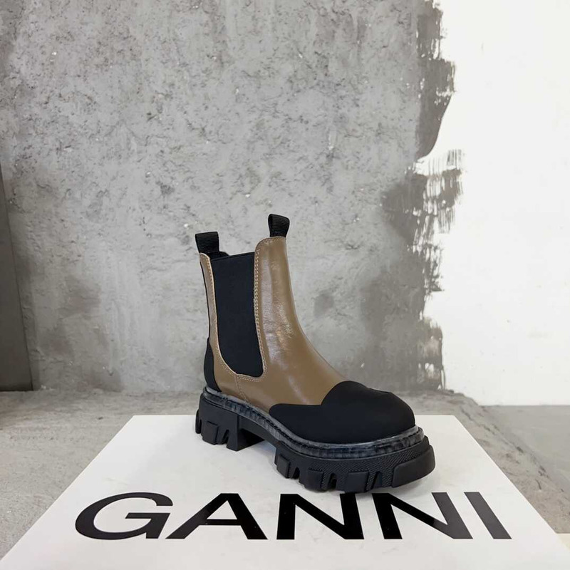 Ganni Patchwork Pullover Leather Ankle Boots Brown And Black