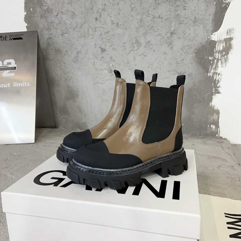 Ganni Patchwork Pullover Leather Ankle Boots Brown And Black