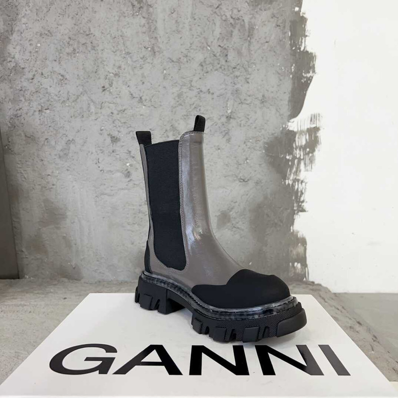 Ganni Mid Chelsea Leather Boots Grey And Balck