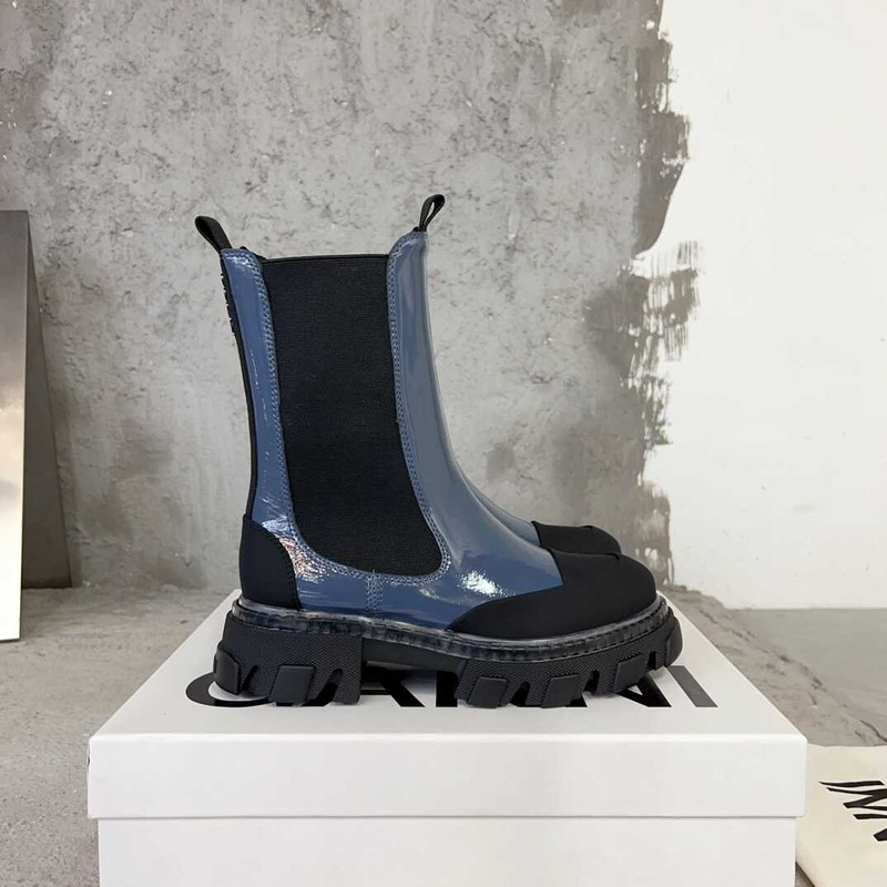 Ganni Cleated Mid Chelsea Boots Blue And Black
