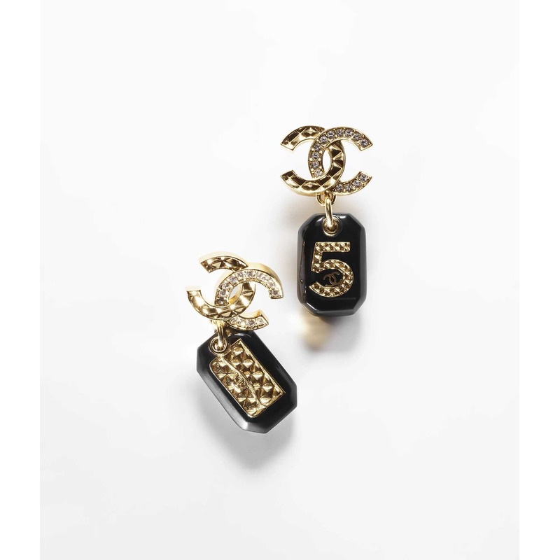 Ch*el drop earrings metal, resin and rhinestones gold, black and crystal