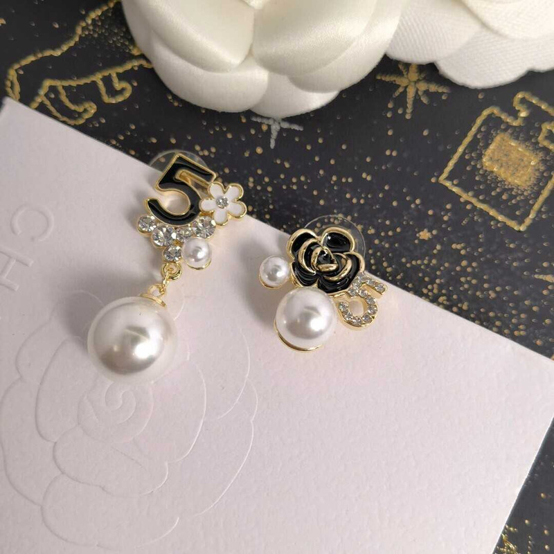 Ch*el pearl white black floral pendant earrings
