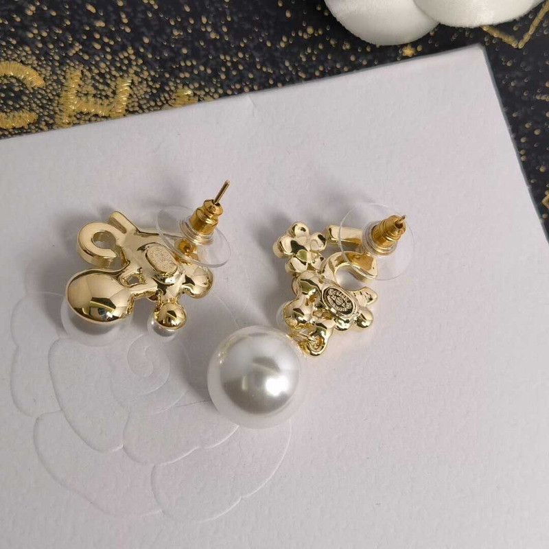Ch*el pearl white black floral pendant earrings