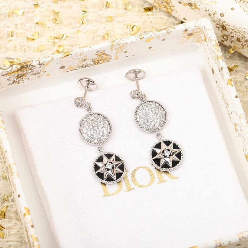 d*or rose des vents earrings 18k white gold, Di*m*nd and onyx accents