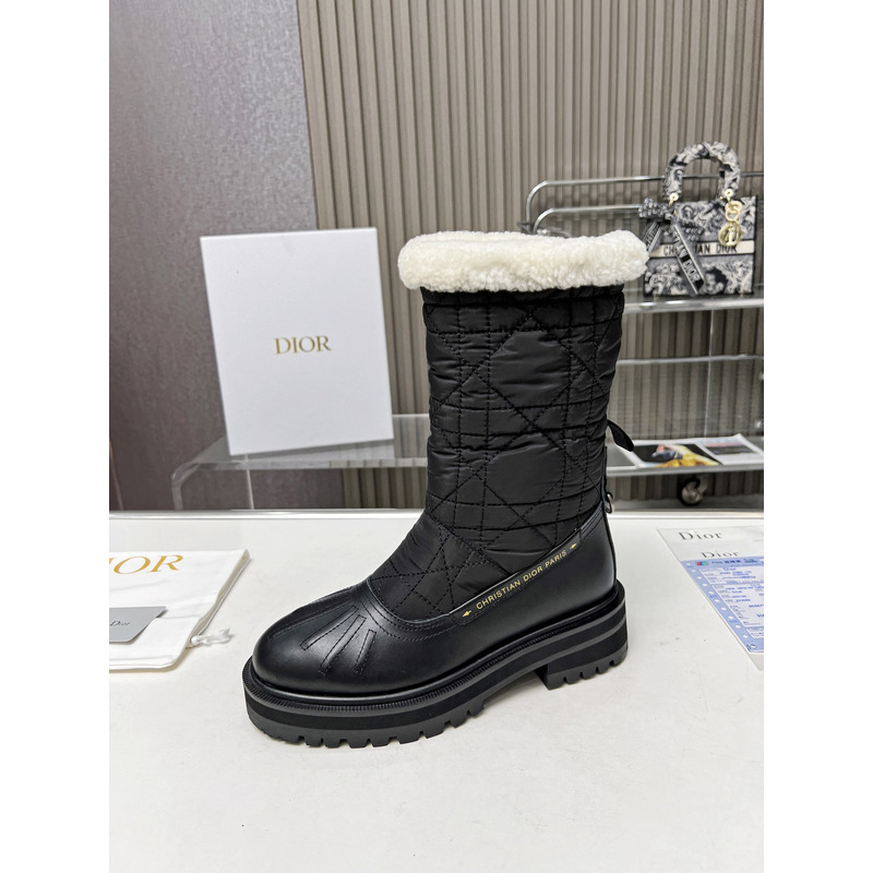 D*or frozen-d ankle cannage quilted nylon boot black calfskin and white shearling