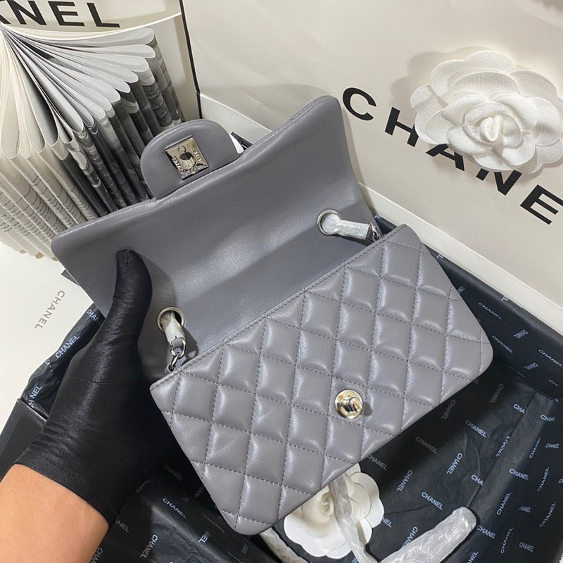 Ch*el classic flap bag lambskin leather bag grey