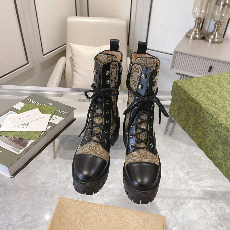 G*u*i gg quilted lace-up ankle boots canvas & leather black