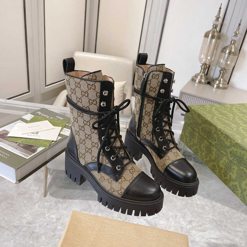 G*u*i gg quilted lace-up ankle boots canvas & leather black