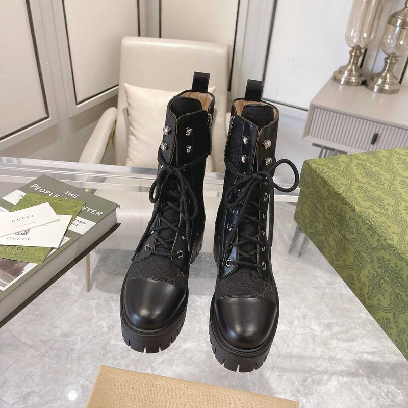 G*u*i gg quilted lace-up ankle boots canvas and leather black