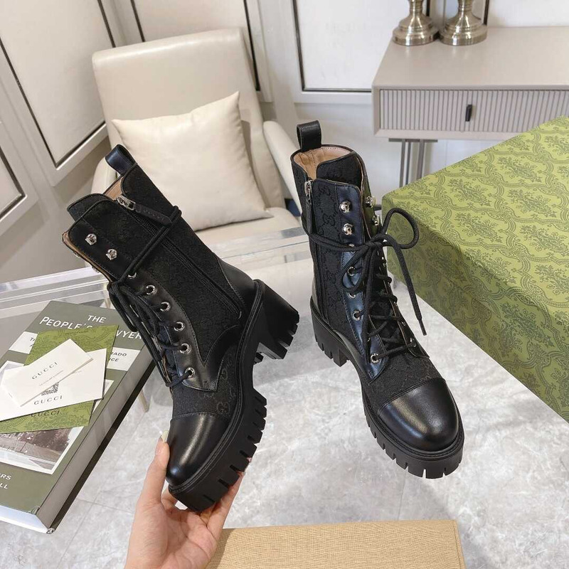 G*u*i gg quilted lace-up ankle boots canvas and leather black