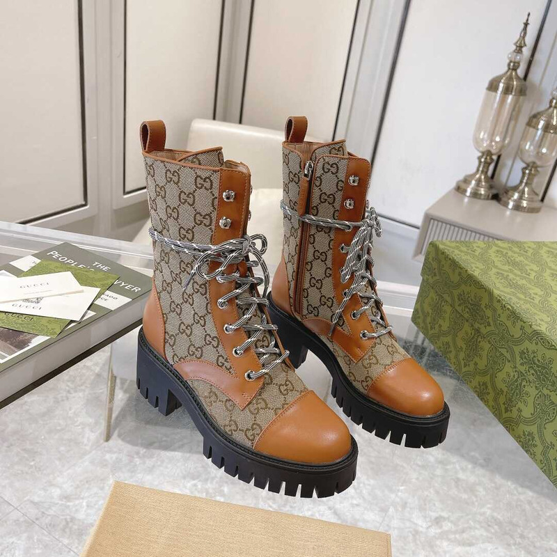 G*u*i gg quilted lace-up ankle boots canvas and leather beige