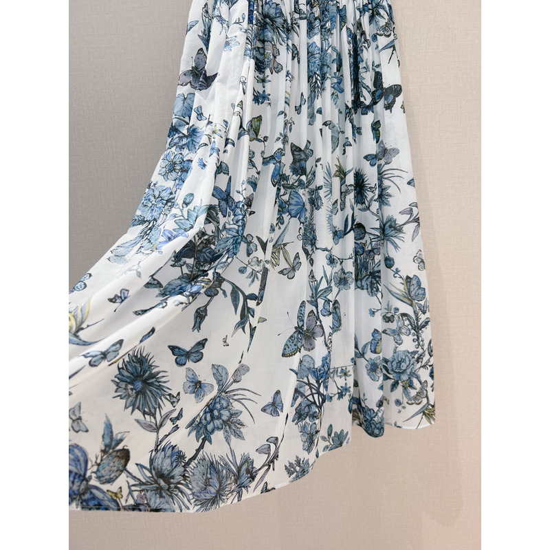 D*or lared mid-length skirt white and pastel midnight blue cotton voile