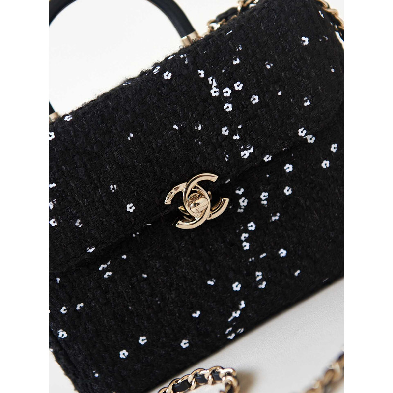 Ch*el small box bag tweed sequins & gold-tone metal black