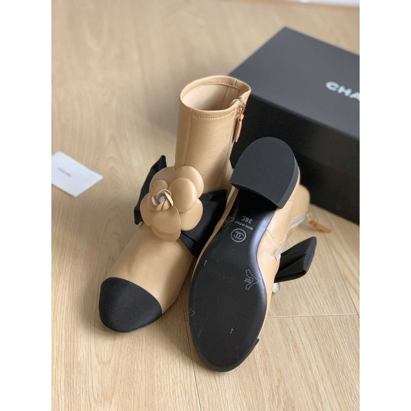 Ch*el short boots suede kidskin & grosgrain brown
