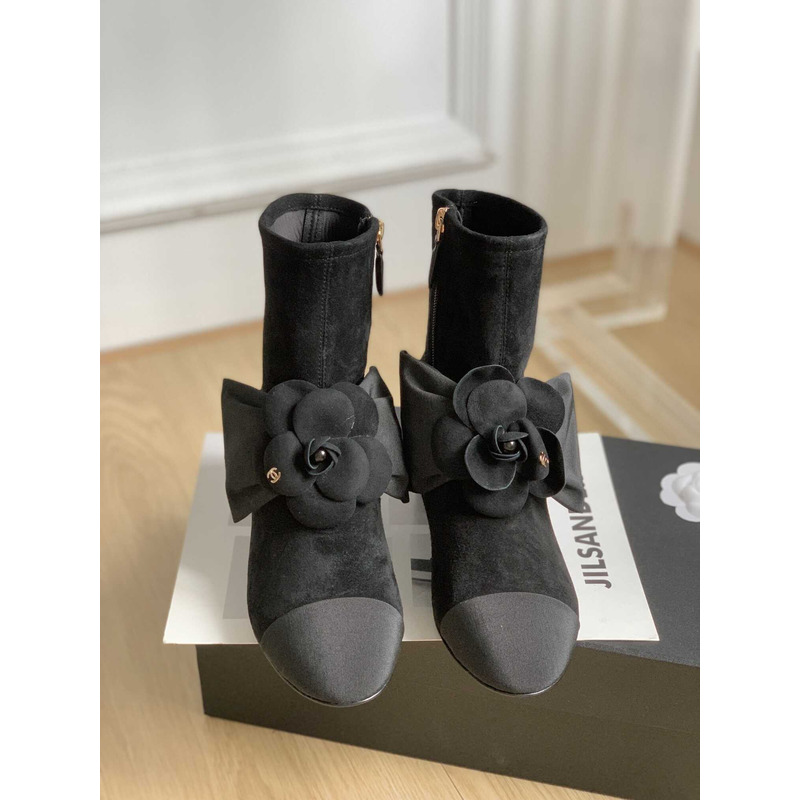 Ch*el short boots suede kidskin & grosgrain black