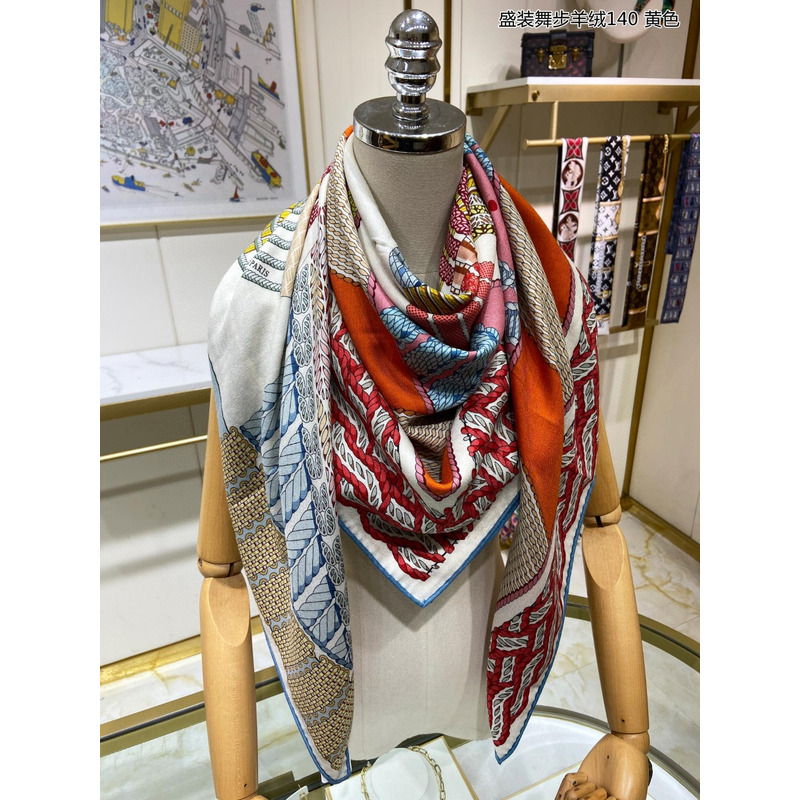 H**mes dressage tressage shawl 140 rose / vert amande / naturel