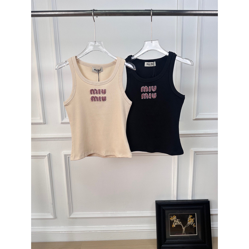 Miu Miu Rhinestones Logo Tank Top