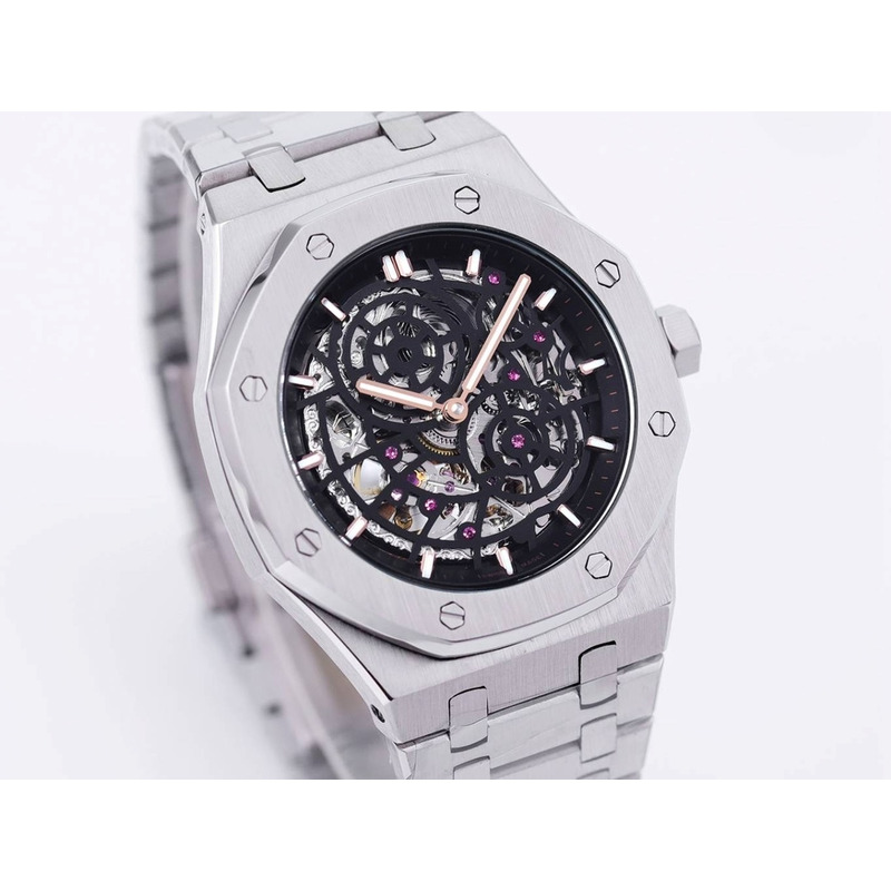 Audemars Piguet Royal Oak Openworked Steel Mens Watch Sliver Black Dial