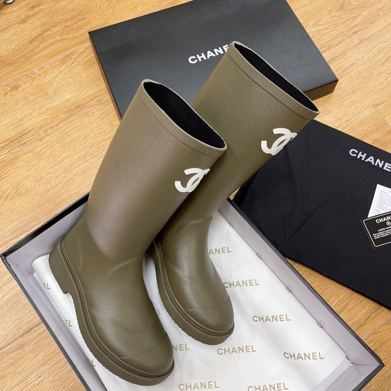 Ch*el rubber rain boots dark beige