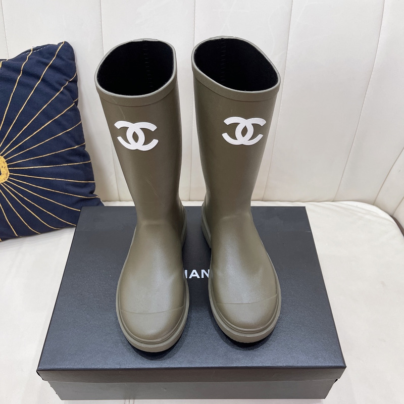 Ch*el rubber rain boots dark beige
