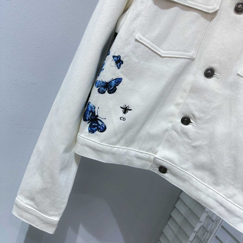 D*or jacket ecru cotton denim with multicolor butterfly white