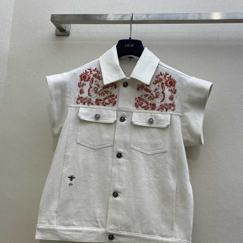 D*or embroidered jacket cotton denim and coral-colored beads white