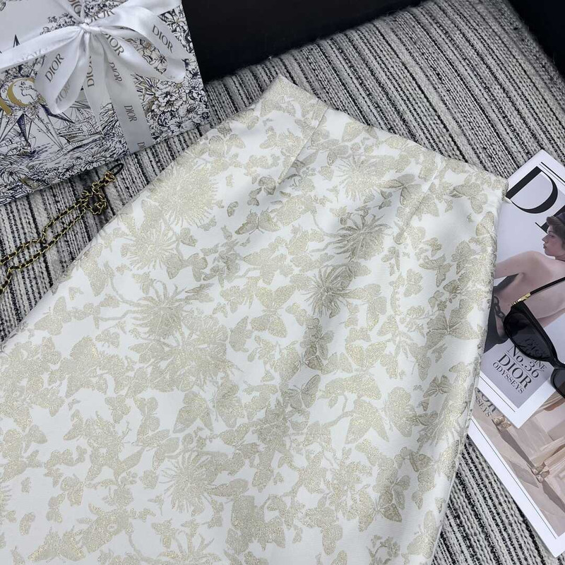 D*or mid-length flared skirt white technical jacquard with gold-tone allover butterfly motif