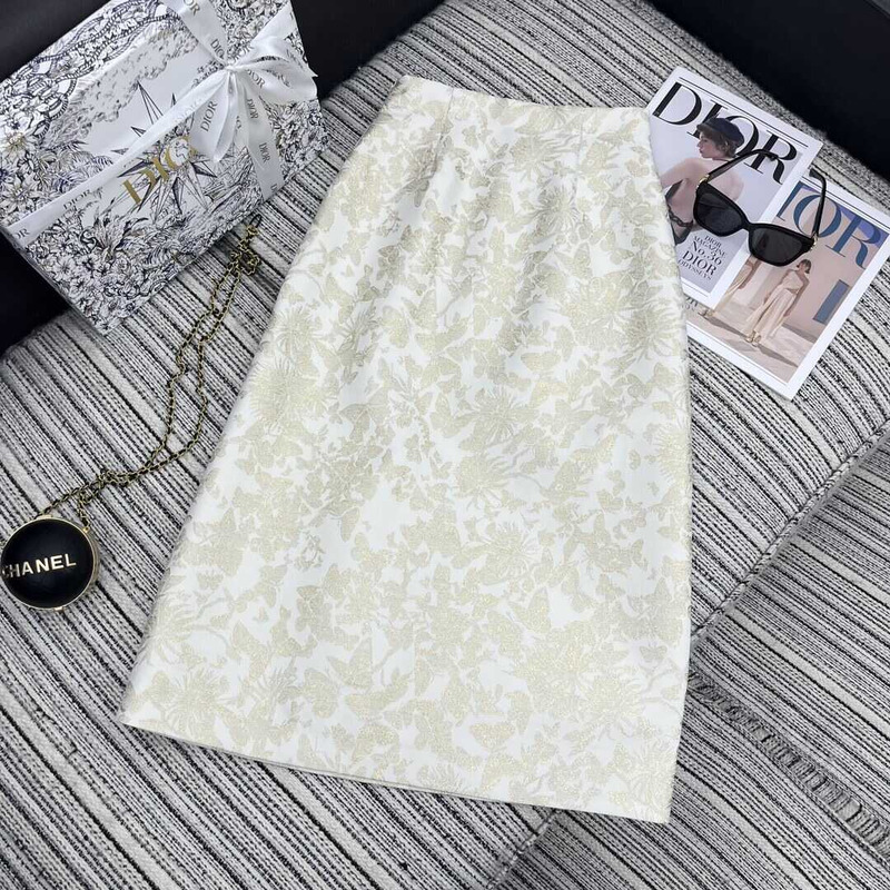 D*or mid-length flared skirt white technical jacquard with gold-tone allover butterfly motif