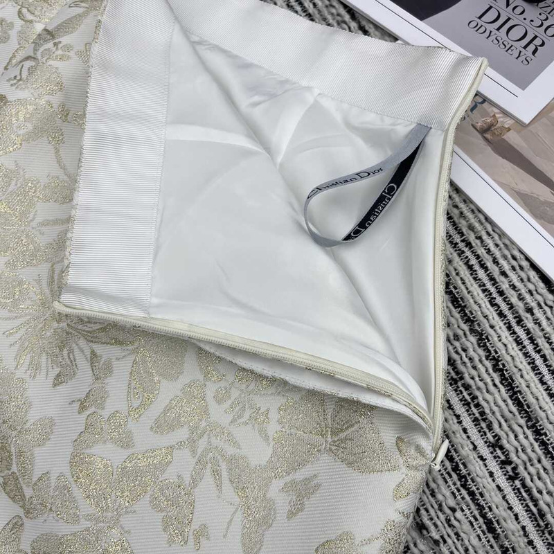 D*or mid-length flared skirt white technical jacquard with gold-tone allover butterfly motif