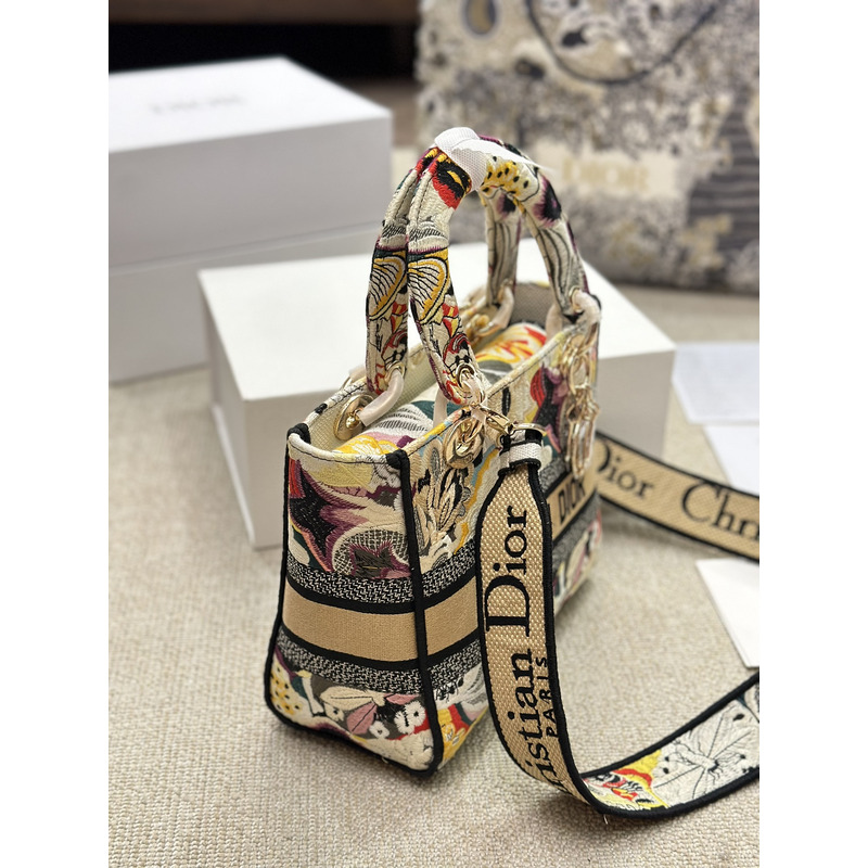 D*or medium lady d-lite bag brocart butterfly embroidery beige multicolor