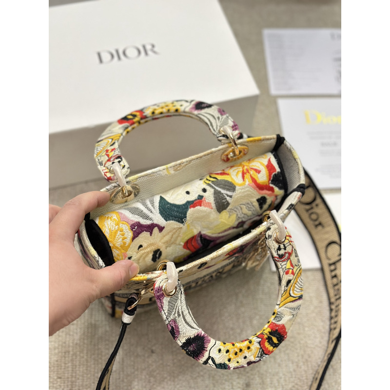 D*or medium lady d-lite bag brocart butterfly embroidery beige multicolor