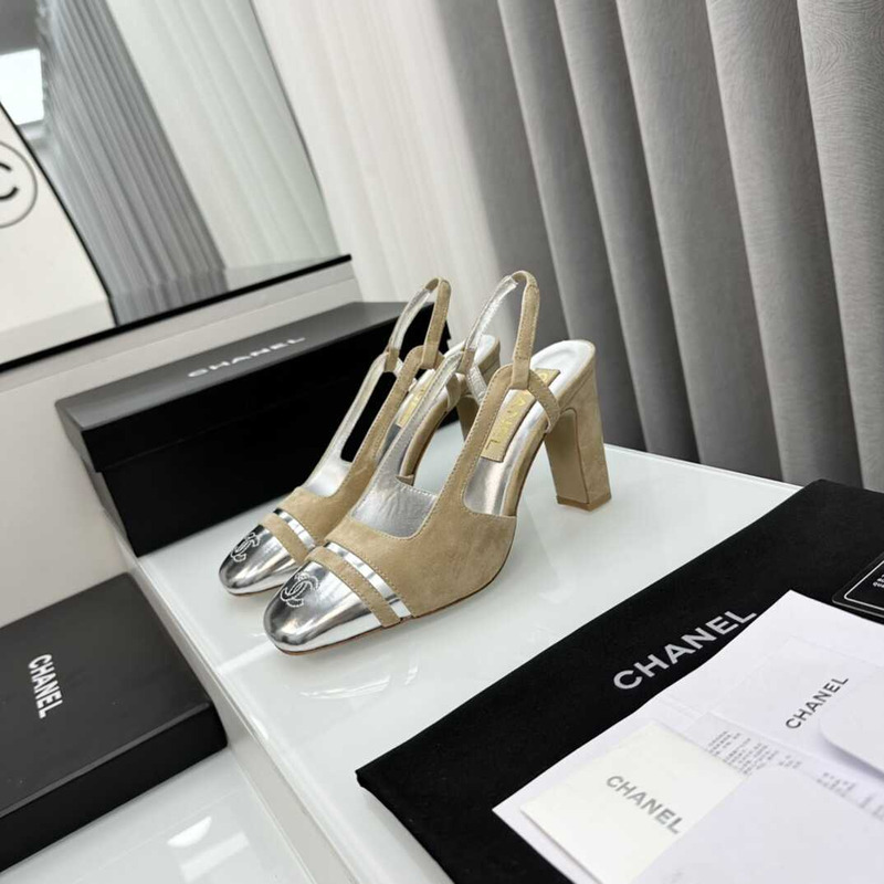 Ch*el velvet and leather high heel slingbacks silver and beige