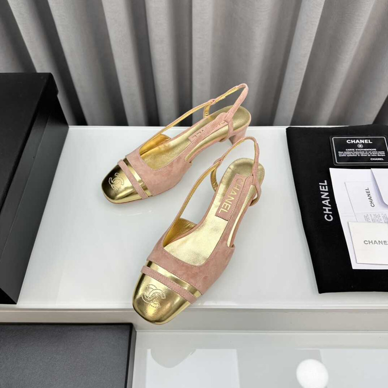 Ch*el velvet and leather slingbacks golden and pink
