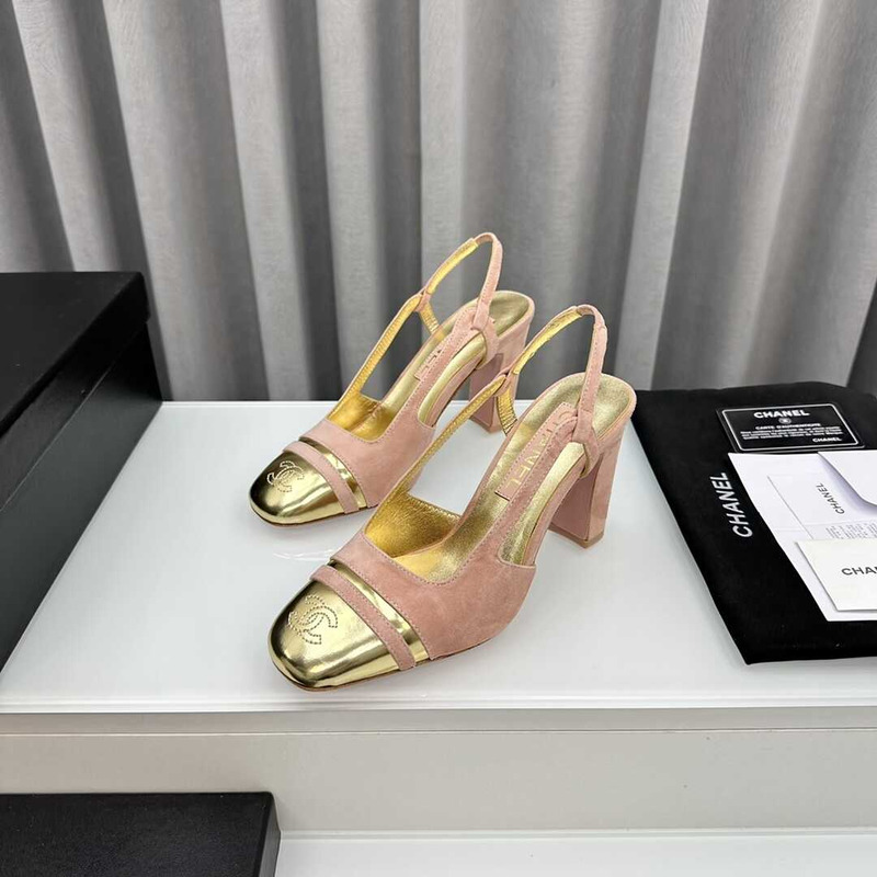 Ch*el velvet and leather high heel slingbacks golden and pink